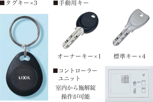 ■タグキー×3 ■手動用キー オーナーキー×1 標準キー×4 ■コントローラーユニット 室内から施解錠操作が可能