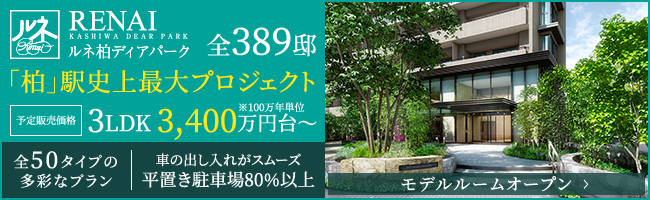 ルネ柏ディアパーク　全389邸　「柏」駅史上最大プロジェクト　3LDK 3,400万円台~